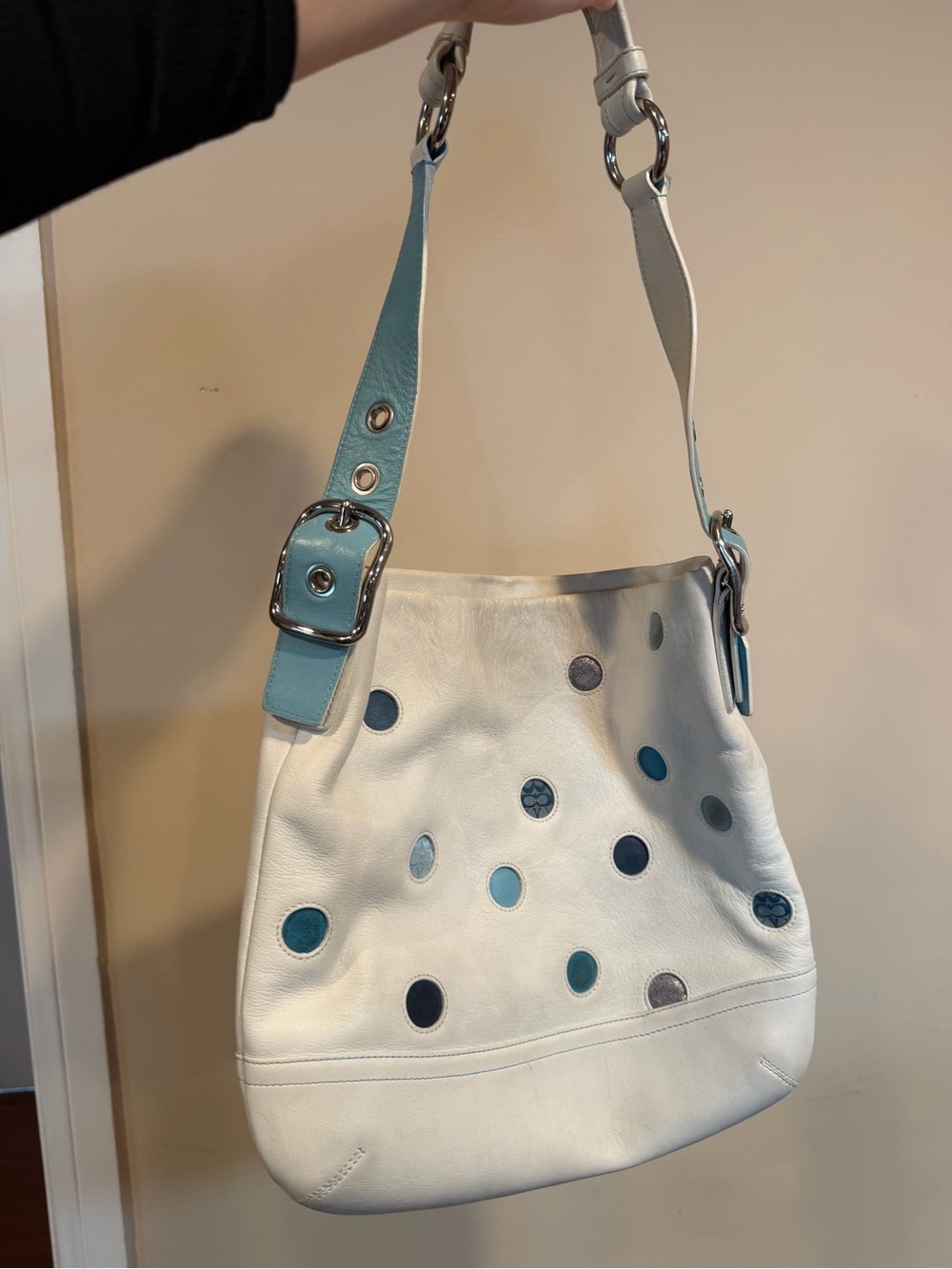 Coach White Leather Hobo Bag with Blue Accent Polka Details